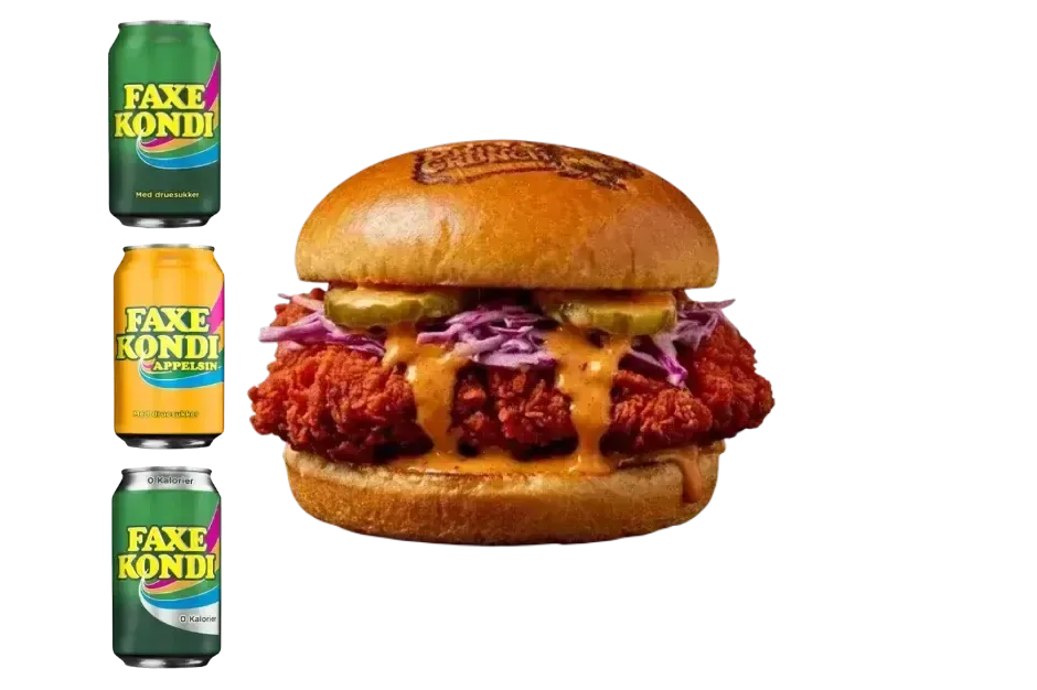 Crunch Burger med Drip Sauce og pickles + en kold Faxe Kondi.