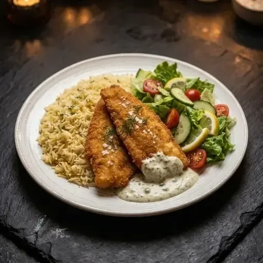 Fiskefilet med ris eller pomfritter