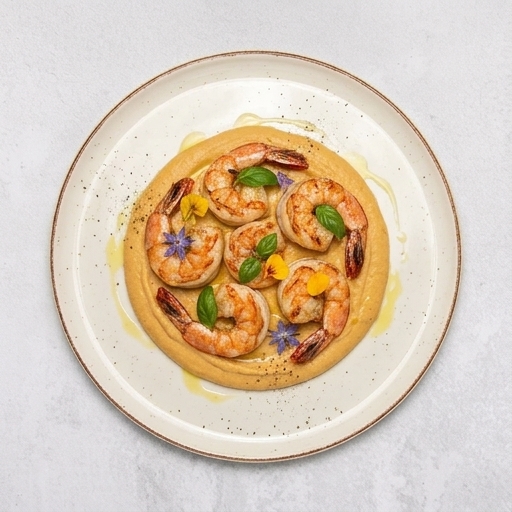 Gamberi su Crema di Ceci