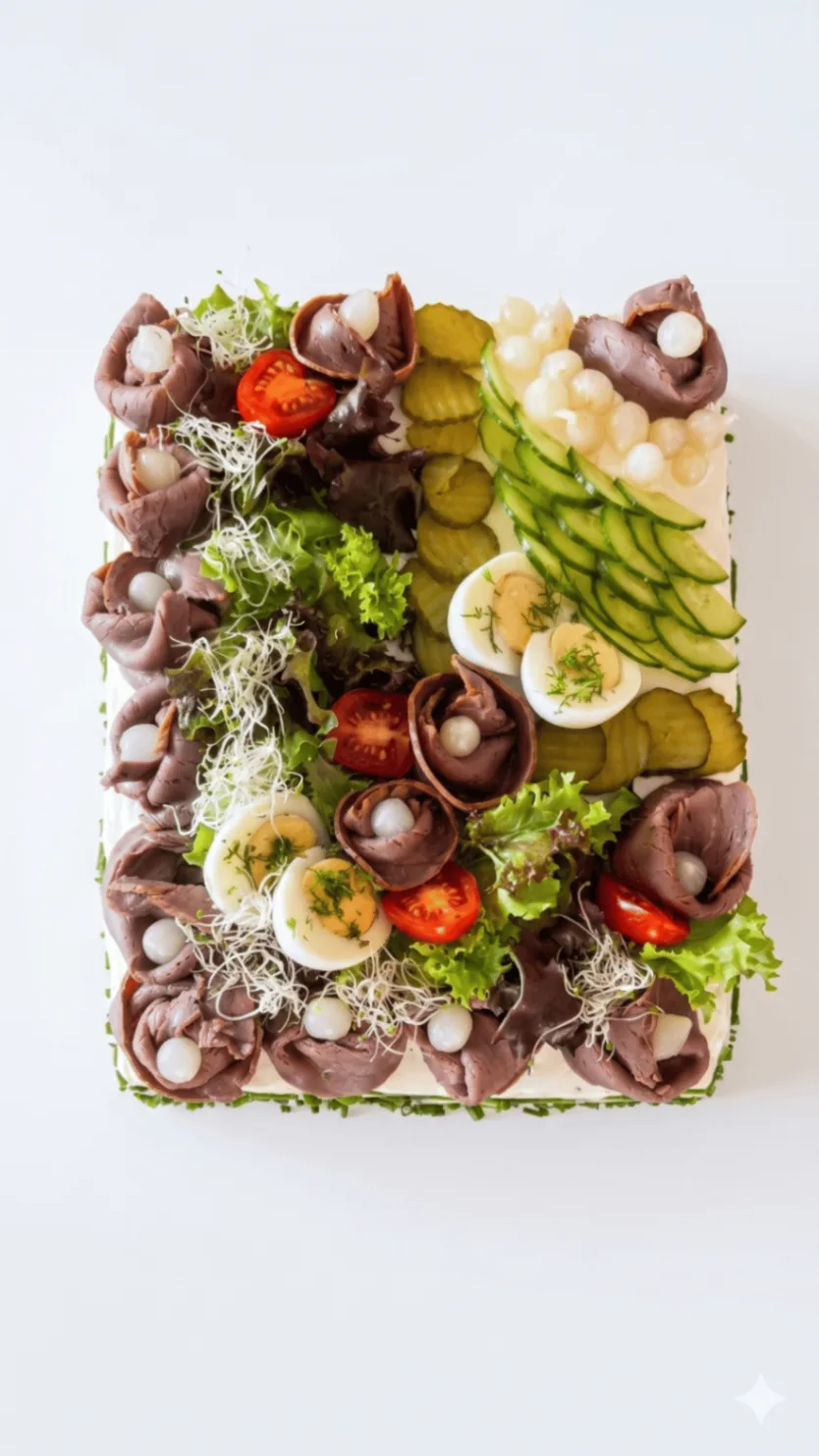 Smörgåstårta rostbiff- classic med syltlök och pepparrotsvisp